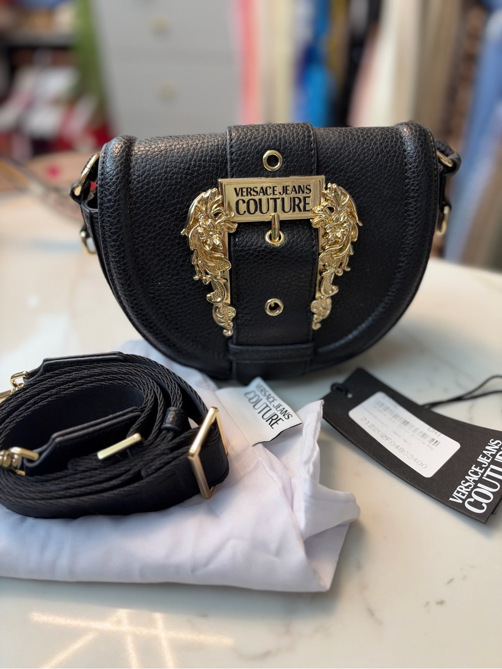 Versace Jeans Couture Black Leather Crossbody with Gold Crest Hardware